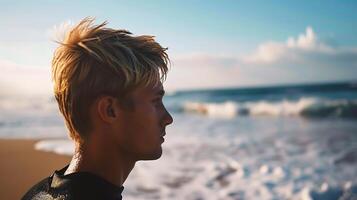 ai generato uomo in piedi su spiaggia Il prossimo per oceano. generativo ai. foto