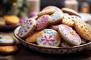 ai generato un' ciotola con decorato Pasqua biscotti su il tavolo. generativo ai. foto