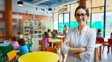 ai generato giovane insegnante principale aula di bambini. generativo ai. foto