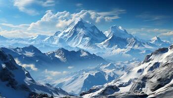 ai generato maestoso montagna picco, neve coperto paesaggio, tranquillo natura bellezza generato di ai foto