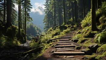 ai generato tranquillo scena verde foresta, montagna picco, acqua, escursioni a piedi avventura generato di ai foto