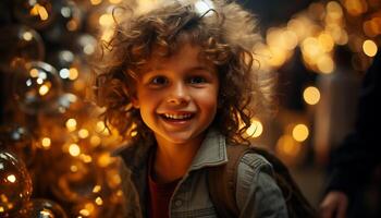 ai generato un' allegro bambino, illuminato di Natale luci, sorrisi con gioia generato di ai foto