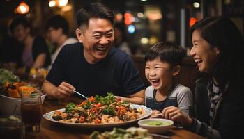 ai generato un' contento Cinese famiglia godendo un' pasto insieme, sorridente generato di ai foto