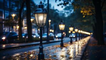 ai generato notte nel il città, vecchio strada illuminato di lanterne generato di ai foto