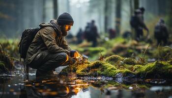 ai generato uno persona escursioni a piedi nel il foresta, godendo il tranquillo bellezza generato di ai foto