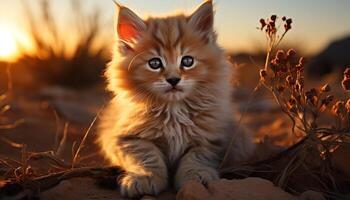 ai generato carino gattino seduta nel erba, fissando a tramonto, giocoso generato di ai foto