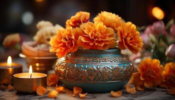 ai generato giallo fiore nel vaso su di legno tavolo, candela Aggiunge calore generato di ai foto