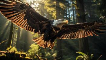 ai generato maestoso uccello di preda Soaring attraverso tranquillo foresta, diffusione Ali generato di ai foto