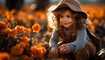 ai generato sorridente bambino godendo natura, giocando con fiori, puro innocenza generato di ai foto