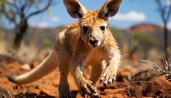 ai generato carino meerkat guardare a telecamera nel africano savana a tramonto generato di ai foto