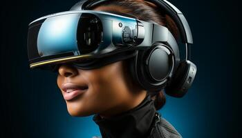 ai generato giovane donna godendo virtuale la realtà simulatore con futuristico tecnologia generato di ai foto