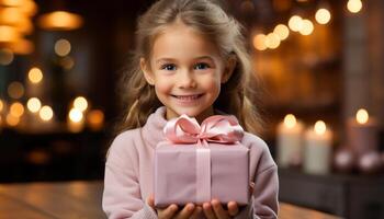 ai generato carino ragazza sorridente, Tenere regalo, festeggiare Natale con famiglia generato di ai foto