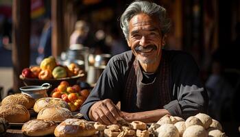 ai generato sorridente adulto uomo fabbricazione fatti in casa cibo nel cucina laboratorio generato di ai foto