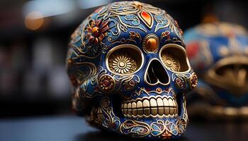 ai generato messicano cultura celebra giorno di il morto con ornato cranio generato di ai foto