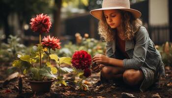 ai generato uno donna seduta all'aperto, sorridente, Tenere un' fiore pentola, godendo giardinaggio generato di ai foto