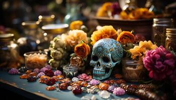 ai generato un' spaventoso celebrazione di Morte Halloween collezione di ornato Souvenirs generato di ai foto