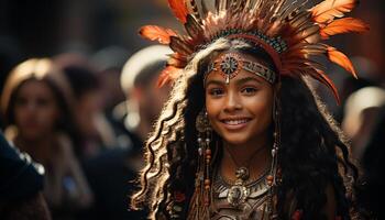 ai generato giovane donne nel tradizionale capi di abbigliamento celebrare brasiliano cultura a notte generato di ai foto