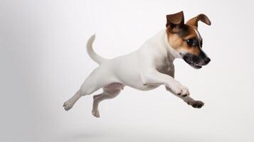 ai generato un' Jack russell terrier cucciolo con gioia saltando, solitario su un' pianura bianca studio fondale, è raffigurato nel Questo delizioso ritratto. foto