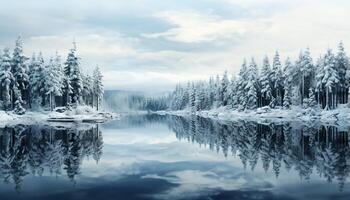 ai generato inverno paesaggio congelato stagno riflette tranquillo abete alberi e montagne generato di ai foto