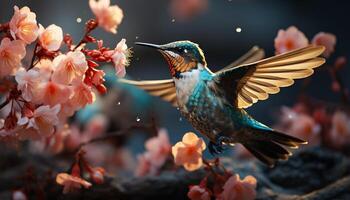 ai generato colibrì volare, diffusione Ali, impollinazione fiori, in mostra naturale bellezza generato di ai foto