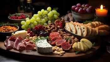 ai generato un' rustico picnic tavolo con un' varietà di fresco buongustaio Alimenti generato di ai foto