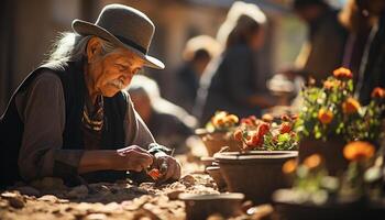 ai generato anziano adulti Lavorando all'aperto, lavorazione ceramica nel natura caucasico donne e uomini, agricoltura Hobby generato di ai foto