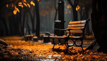 ai generato autunno fiamma si accende natura bellezza su vecchio di legno panchina generato di ai foto