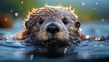 ai generato carino cucciolo giocando nel acqua, guardare a telecamera, all'aperto generato di ai foto