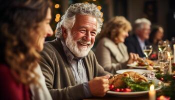 ai generato anziano adulti festeggiare felicità insieme a un' festivo cena festa generato di ai foto