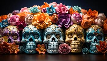 ai generato giorno di il morto celebrazione spaventoso teschi, colorato fiori, antico tradizioni generato di ai foto