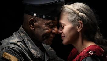 ai generato un' amorevole coppia, sorridente, abbracciando, nel militare uniformi, all'aperto generato di ai foto