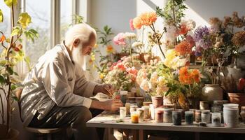 ai generato anziano uomo Lavorando su ceramica, Tenere fiore pentola, sorridente generato di ai foto