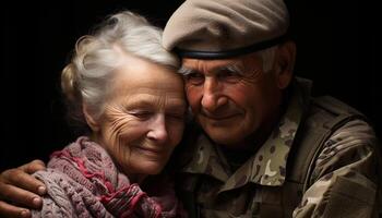 ai generato anziano coppia abbracciando, sorridente, nel amore, godendo la pensione all'aperto generato di ai foto