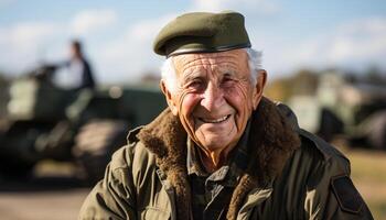 ai generato uno allegro anziano uomo sorridente, guardare a telecamera all'aperto generato di ai foto