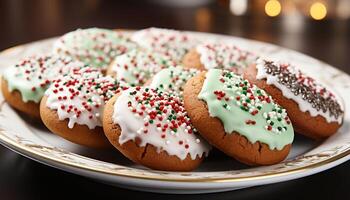 ai generato fatti in casa buongustaio biscotti, decorato con colorato glassatura e caramella generato di ai foto