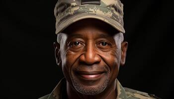 ai generato sorridente africano americano veterano nel militare uniforme, orgoglioso e fiducioso generato di ai foto