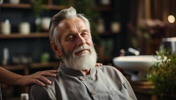 ai generato un' fiducioso anziano uomo con grigio capelli seduta a un' barbiere negozio generato di ai foto