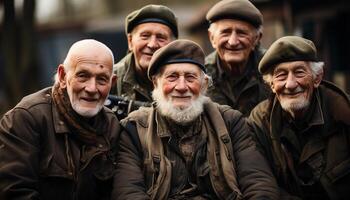 ai generato un' gruppo di sorridente uomini nel militare uniforme all'aperto generato di ai foto