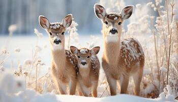 ai generato carino giovane cervo in piedi nel nevoso prato, guardare a telecamera generato di ai foto