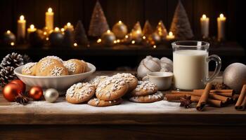 ai generato fatti in casa dolce tavolo cioccolato, candela, al forno, inverno, decorazione, dolce cibo generato di ai foto