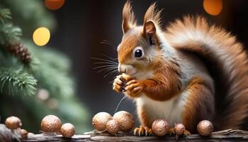 ai generato carino soffice coniglio mangiare su un' nevoso albero ramo generato di ai foto