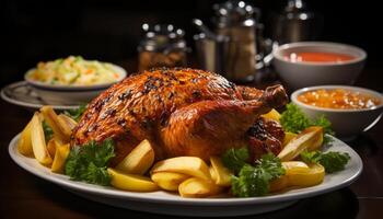 ai generato grigliato pollo e tacchino, fresco la verdura, fatti in casa buongustaio pasto generato di ai foto