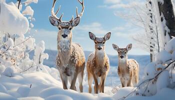 ai generato carino cervo in piedi nel neve, guardare a telecamera, inverno generato di ai foto