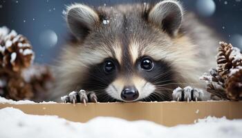 ai generato carino cucciolo fissando, soffice pelliccia, giocoso, seduta nel neve generato di ai foto