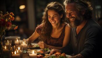 ai generato Due giovane adulti, un' uomo e un' donna, seduta a un' tavolo al chiuso, sorridente e godendo un' pasto insieme generato di ai foto