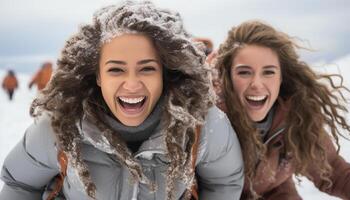 ai generato Due giovane donne ridendo e urlando, godendo il inverno all'aperto generato di ai foto