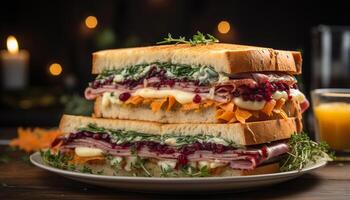 ai generato grigliato Manzo Sandwich su Ciabatta con fresco pomodoro e Cheddar generato di ai foto