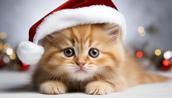 ai generato carino gattino nel inverno berretto, guardare a telecamera, circondato di i regali generato di ai foto