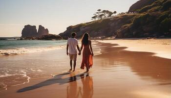 ai generato giovane coppia a piedi su il spiaggia, Tenere mani, godendo natura generato di ai foto