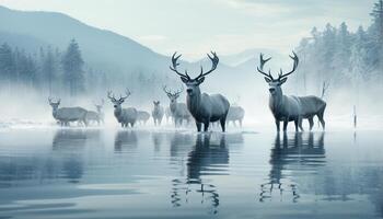 ai generato silhouette di cornuto cervo in piedi nel nevoso foresta riflessione generato di ai foto